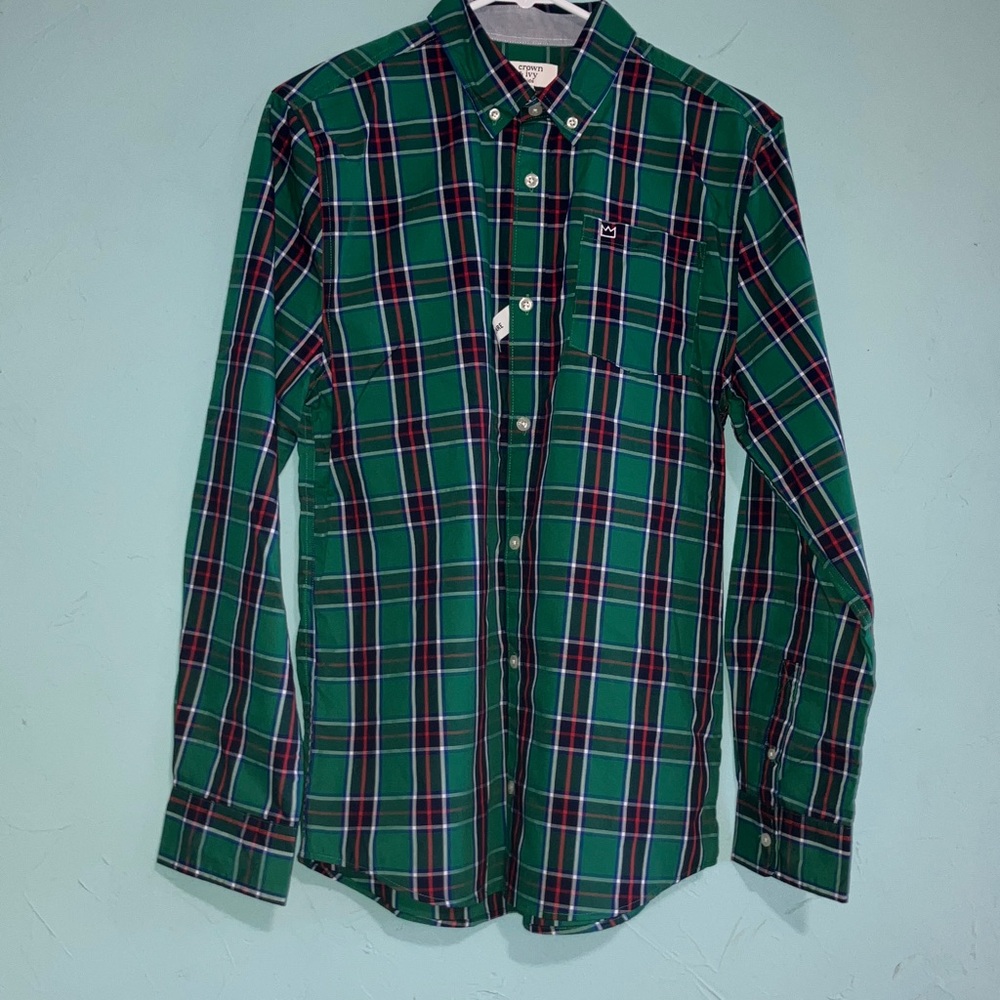 NWT Kids Green Plaid Button-Down Shirt with Chest Pocket size XL